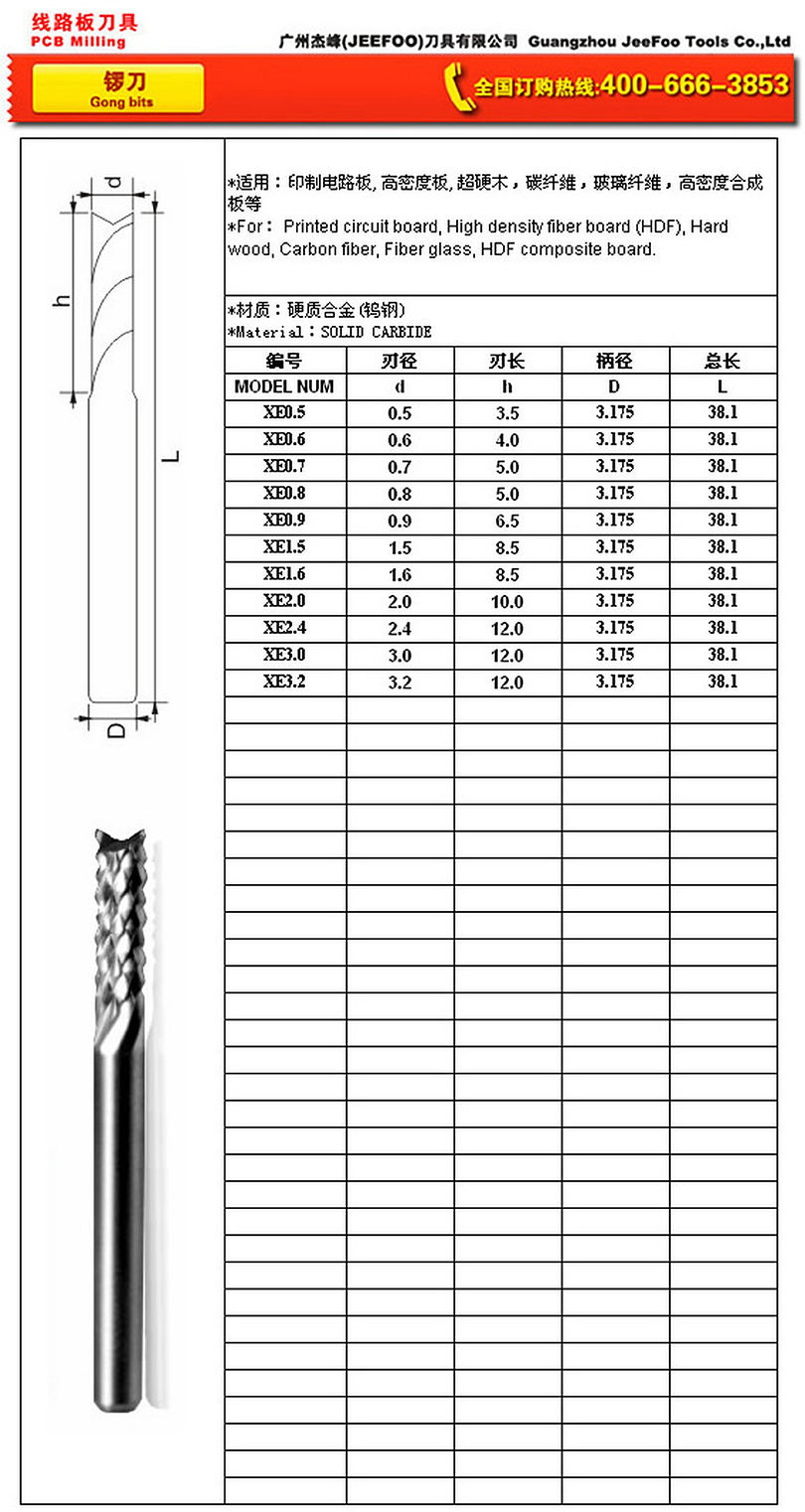 XE 6x22 PCB Router Bit specifications